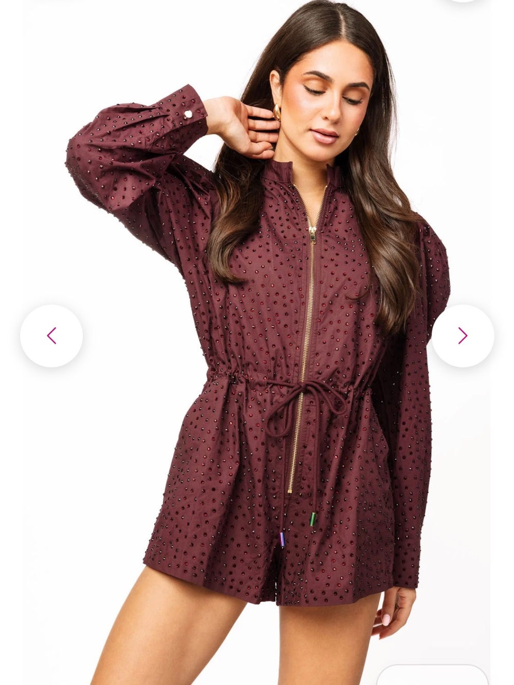 QUEEN OF SPARKLES Burgundy Embellished Zip-Front Romper